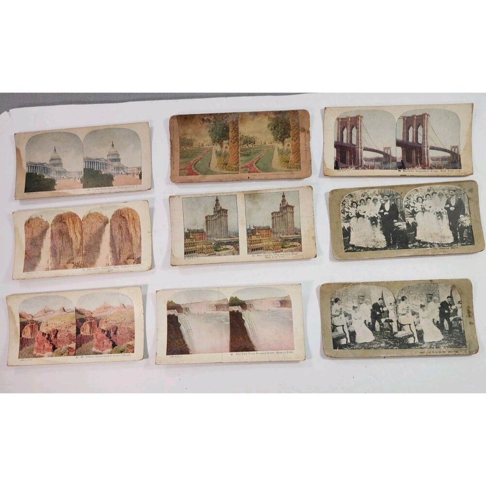 Lot of 9 Antique Stereoview Cards U.S. Landmarks Capitol Brooklyn Bridge Niagara